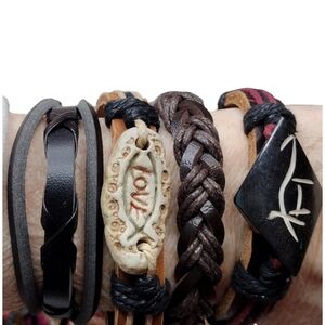 4 brown tan Leather Bracelet Bands OSFM Men's tribal bohemian unisex Jewelry